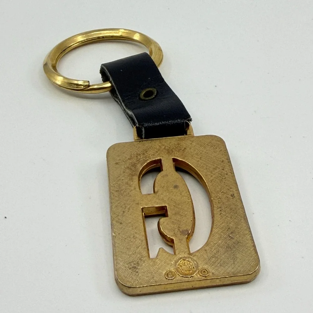 Navy Enamel Pearl Look Initial G Gold Tone Leather Keychain Monogram Bag Charm